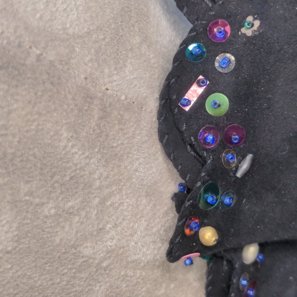 Black Suede Gloves Arm Sleeves Gauntlet Sequined Elegant 4pc Set Vintage SZ S - Picture 6 of 15